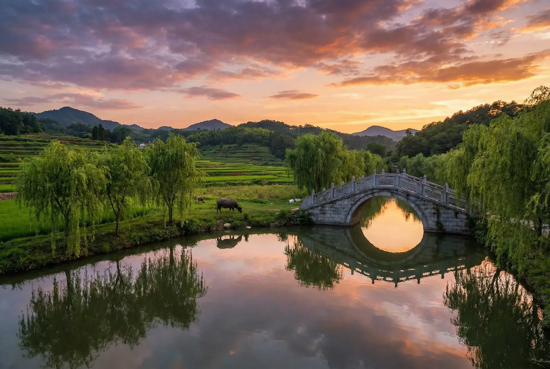 夕阳下的石拱桥与垂柳，水牛在河边吃草 - 2021地址一二三四五六三入口 乡村美景
