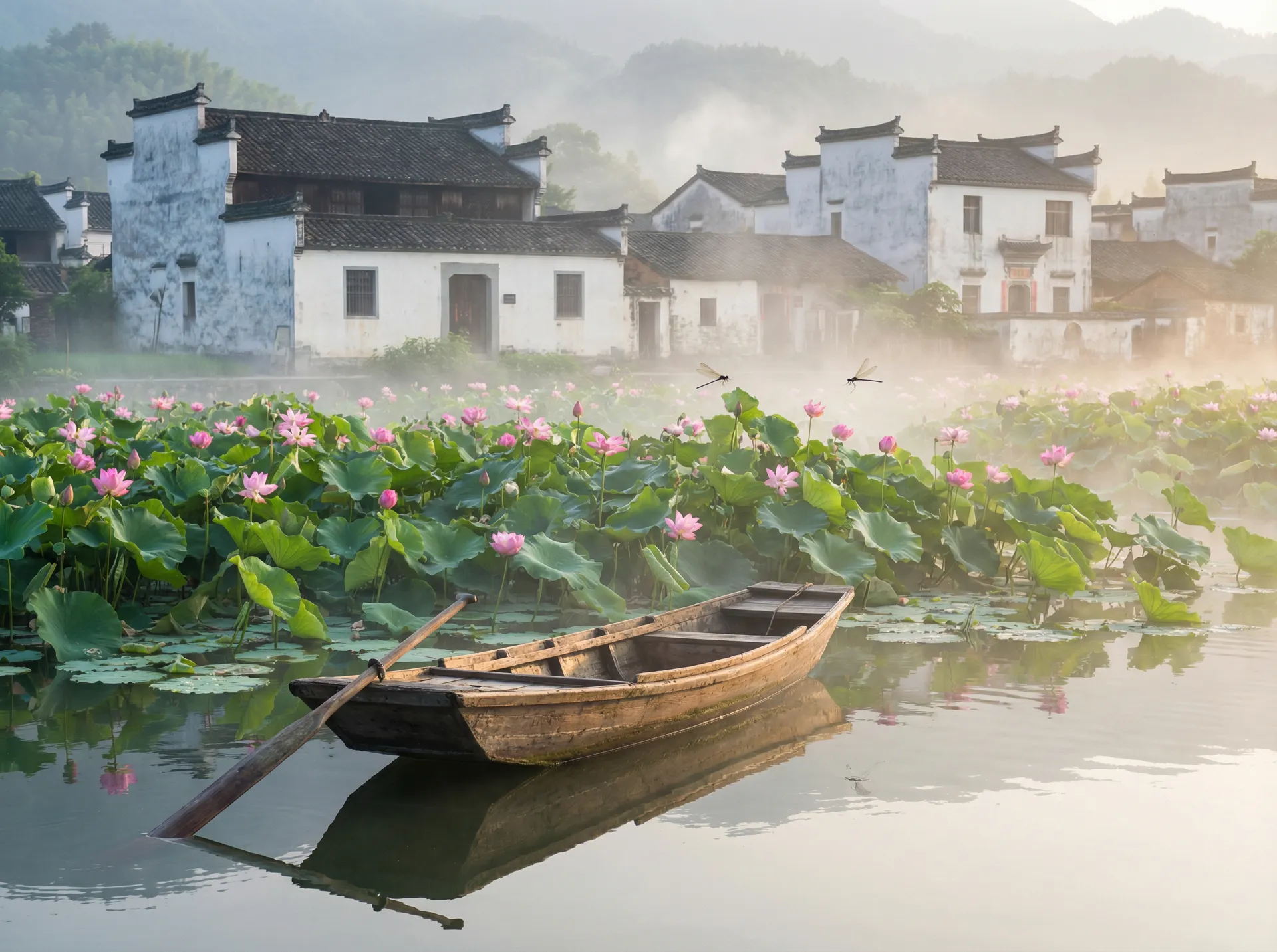 清晨荷塘小舟，粉色荷花盛开，白墙黑瓦的村庄 - 2021地址一二三四五六三入口 水乡风情